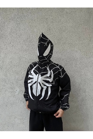 Unisex Uzun Kollu Kapşonlu Rüzgarlik - Siyah Siyah