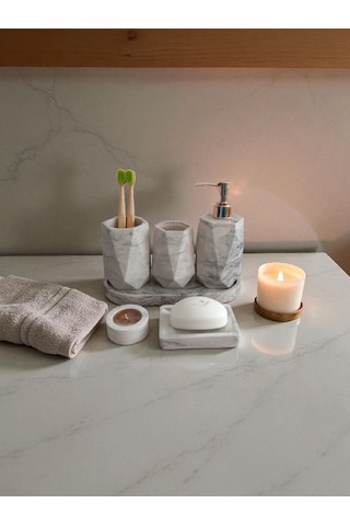 Mermer Desenli Beton Banyo Seti,sıvı Sabunluk ,diş Fırçalığı,kulak Çubukluğu,katı Sabunluk Ve Mumlukkk Gri