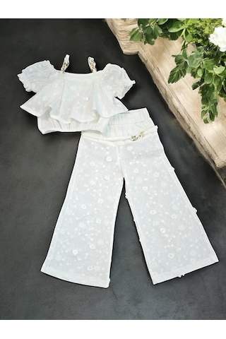 İspanyol Paça Pantolonlu Keten Kız Çocuk Takım Beyaz