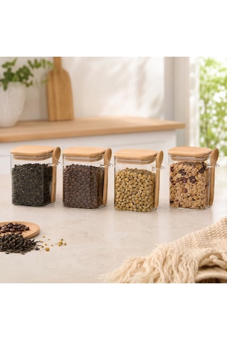 450 Ml Kaşıklı Cam Kavanoz 4'lü Set, Bambu Kapaklı Şeffaf Cam Saklama Kabı, Çay Kahve Şeker Baharat Kuruyemiş Kavanozu, Mutfak Düzenleyici Kaşıklı Baharatlık Seti Çok Renkli