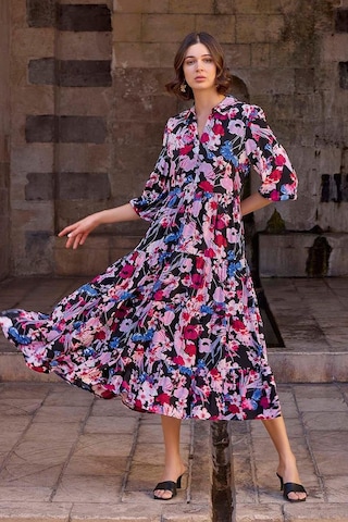 Monamise 23029 Kadın Gömlek Yakalı Önden Düğmeli Kloş Elbise-çiçekli Çok renkli