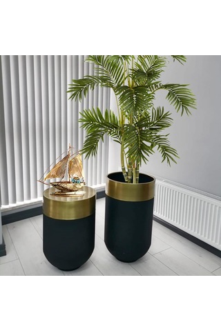 Dekoratif Eskitme Darbuka Siyah Saksı 70 Cm+Sehpa 60 Cm (Ikili Se