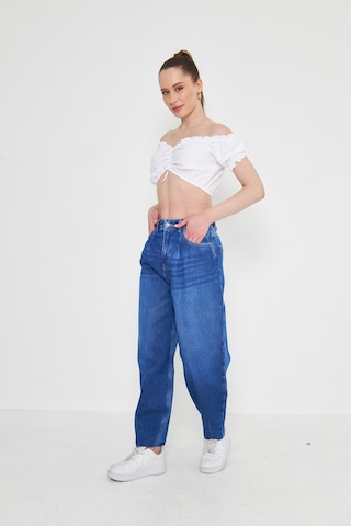 Kutaf Mavi Bol Kesim Yüksek Bel Balloon Fit Baggy Jean Kot Salaş Kadın Pantolon Mavi
