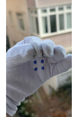 Gümüş Renk Nazar Boncuklu Özel Tasarım Sallantılı Küpe Gümüş