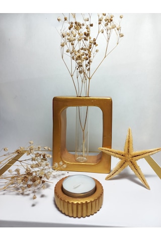 Kuru Çiçeklik Vazo, Beyaz Dikdörtgen Model Cam Tüplü Dekoratif Vazo Gold