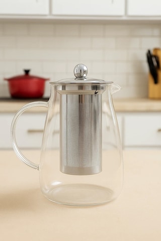 1500 Ml Cam Metal Süzgeçli Demlik Isıya Dayanıklı Detoks Sürahisi & Bitki Çayı Karafı