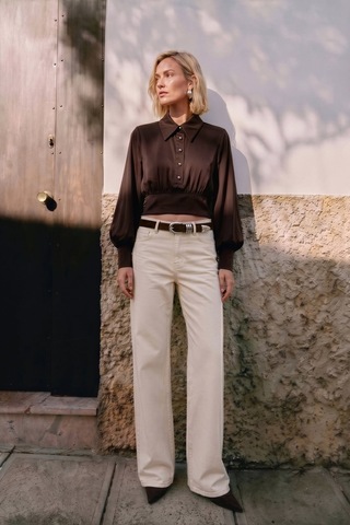 Sateen Düğme Detaylı Saten Bluz - Kahve-137514