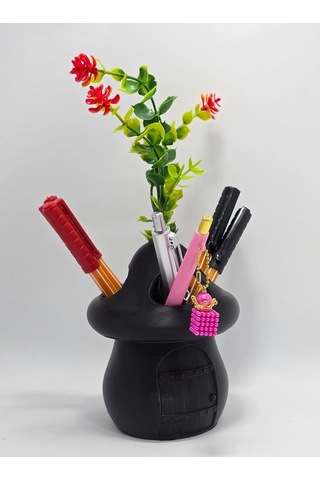 Kalemlik Siyah Sima Mantar Çiçekli Üç Gözlü Kalemlik Düzenleyici Siyah