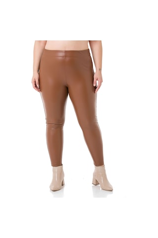 Disentis Büyük Beden Beli Lastikli Bilek Hizasında Panelli Deri Tayt Kahverengi