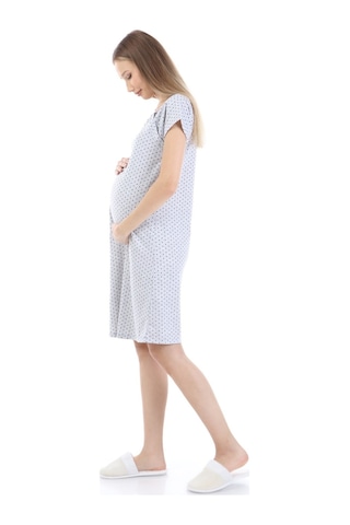 Luvmabelly Myra9582 Yandan Çıt Çıtlı Hamile Geceliği - Siyah Puantiyeli - Gri-gri