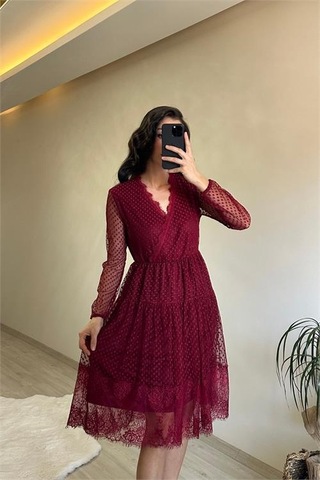 Neşeli Butik Kadın Kruvaze Yaka Dantelli Tül Elbise Nm010 Bordo