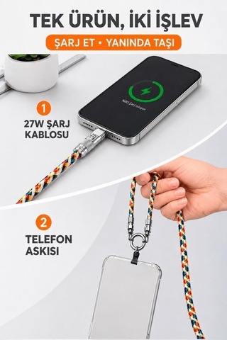 Delux Serisi Type-c To Lightning U32 Renkli 27w Boyun Askısı Kordon Askı Mobil Aksesuar