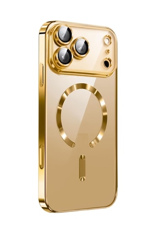 Apple Uyumlu iPhone 17 Pro Max İçin Magsafe İle Kılıf Kamera Lensli Korumalı Şeffaf Silikon Kapak Gold