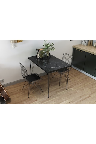 Arya 60x90 İki Kişilik Masa Takımı 2 Tel Sandalye Siyah Mermer
