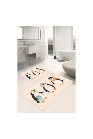 Penguen Desenli Dijital Baskılı Yıkanabilir 2li Banyo Paspası 50x60-60x100 Bej