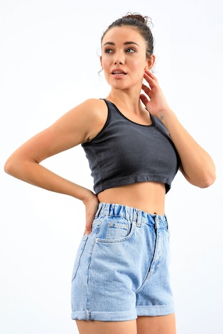 Tommy Life Lacivert Melanj Basic Sıfır Kol Dar Kalıp U Yaka Kadın Crop Top Atlet - 97162 Lacivert