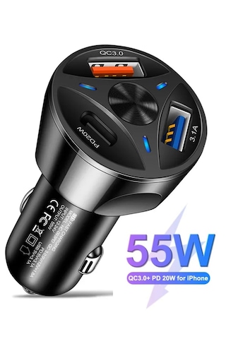 Huawei Samsung Xiaomi İphone Uyumlu Type-c Ve Usb Girişli Araç Çakmaklık Şarj Aleti 55w 1