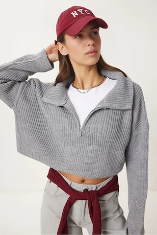 Cloudy Kids Kadın Oversize Fermuarlı Crop Triko Kazak Günlük Kullanım Mevsimlik Gri - 607293446 Gri