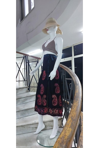 Bohem Stil Hint Batik Çiçek Desenli Ve İşlemeli Uzun Hint Anvelop Etek Görsel Çok Renkli