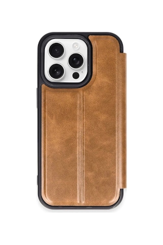 Newface - 684 - Apple iPhone Uyumlu 15 Pro Max Kılıf Flip Cover - Ece-umay - - Taba