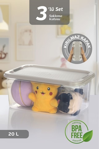 3'lü 20l Multibox Saklama Kabı Kilitli Kapaklı Çok Amaçlı Düzenleyici Kiler Depolama Saklama Kutusu Bej