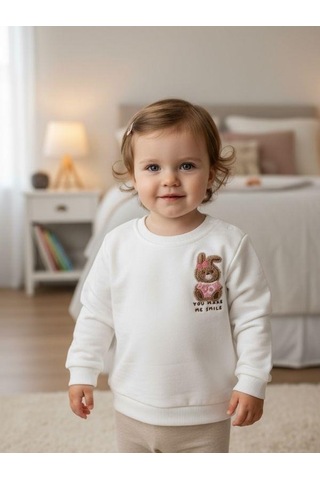 Zekids Kız Bebek Pamuklu Punch Tavşan Nakışlı Sweatshirt-16336 Beyaz