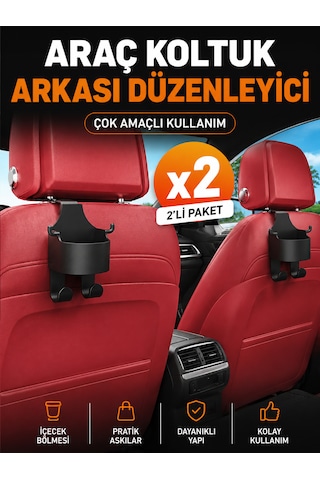 Araç Koltuk Arkası Organizer - 2'li Paket - Bardak + Telefon + Tablet Tutucu - Araç İçi Düzenleyici Askılık Aparat 2 Adet - Siyah