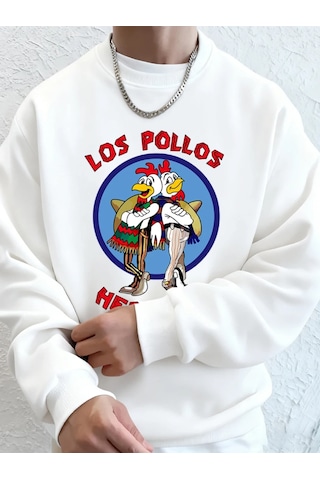 Startmore Tarzsokak Los Pollos Hermanos Baskılı Erkek Kazak Kış Gevşek Kapüşonlular Spor Bisiklet Yaka Polar Sıca Beyaz