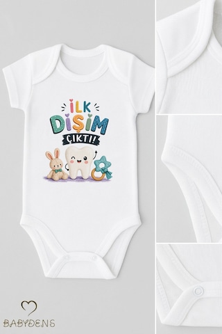 Babyden's Diş Buğdayı Body %100 Pamuk İlk Dişim Çıktı Baskılı Bebek Kısa Kollu Body Çıtçıtlı Unisex Yenidoğan Zıbın Beyaz