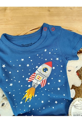 2'li Erkek Bebek Takım Indigo Roketli Şortlu 3-6-9-12 Ay Bebek Takımları Kıyafetleri Bebek Giyim Laci Lacivert