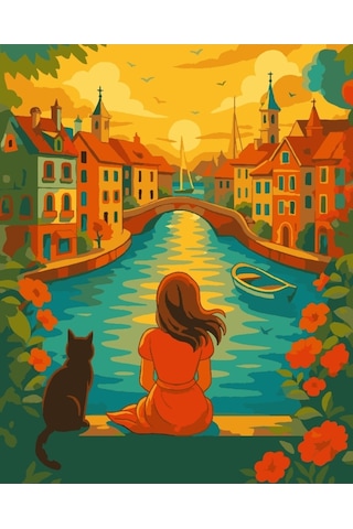 Denic Sayılarla Boyama Seti 40x50 Cm (Çıtalı) Fırça Boya Dahil Numaralı Tuval Kız ve Kedi