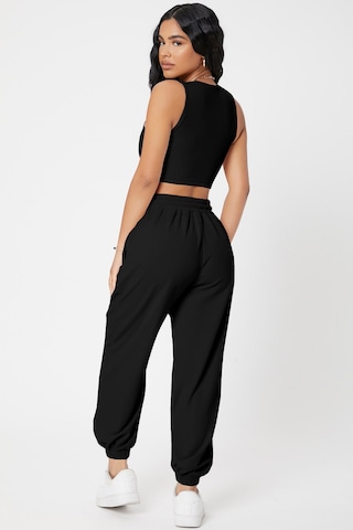 Moda Dua Kadın Siyah Kaşkorse Cepli Jogger Eşofman Altı Ve Crop Top Bluz