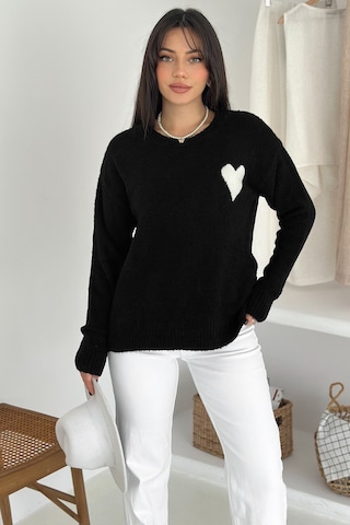 Noa & Noa Kadın Kalpli Kalın Triko Kazak Oversize & Minimal Romantik Stil Siyah