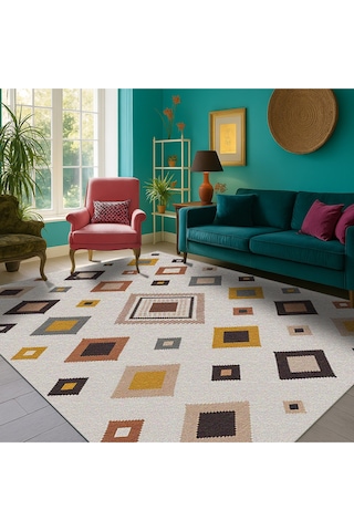 Turkıshrug Kıngdom Çok Renkli Dijital Baskılı Halı Modern Kilim Desenli Tasarım