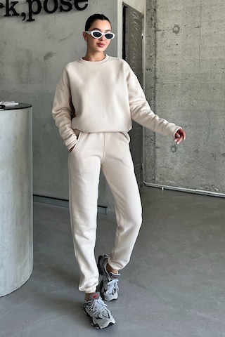 Modagen Unisex Bej Bisiklet Yaka Düz Oversize Alt-üst Eşofman Takımı Bej