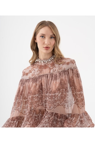 Dantel Desenli Katlı Şifon Volanlı Bluz Kahve