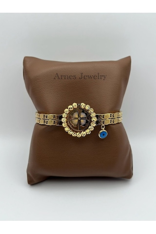 Arnes Jewelry Çelik Dorikalı Yoncalı Kelepçe Bileklik Ar80 Gold