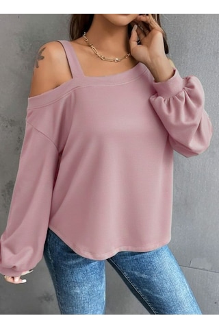 Ahes Shopping Kadın Uzun Kollu Tek Omuz Askı Detay Salaş Dalgıç Bluz Pembe