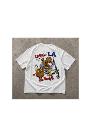 Yolo Street Unisex Oversize Beyaz Tişört Living İn L.a. Be Ready Ayıcık Grafik Baskılı Pamuk Streetwear Beyaz4
