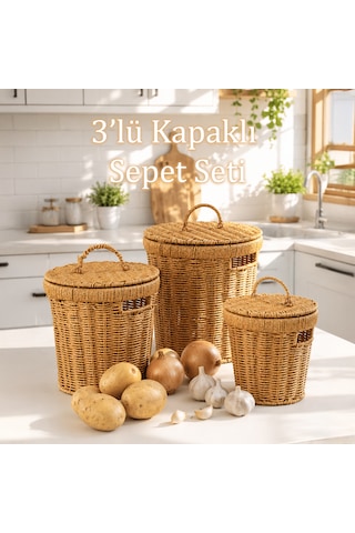 Porsima Pbt-920 3lü Hasır Sepet Kapaklı Bambu Sepet Seti Dekoratif Banyo Mutfak Düzenleyici Organizeri Açık Kahverengi