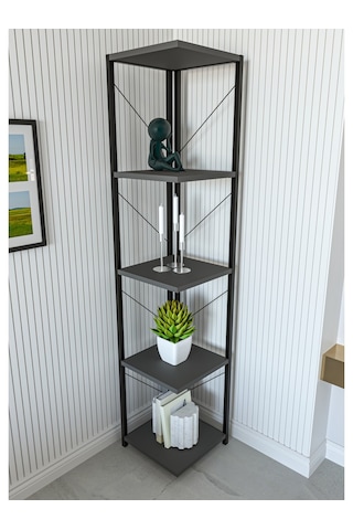 Alpa Ev Mobilya 5 Katlı Kare Raflı Metal Köşe Raf, Dekoratif Kitaplık Ve Modern Saksılık Antrasit