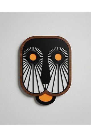 El Yapımı Soyut Baykuş Duvar Dekoru - Siyah Turuncu Ahşap Panel, Göz Motifli Modern Sanat Mdf 1