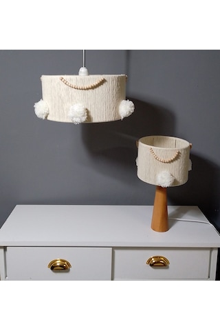 Ekru Makrome Avize Abajur Set Çocuk Odası Avize Bebek Odası Avize Abajur E27 Duy Ekru