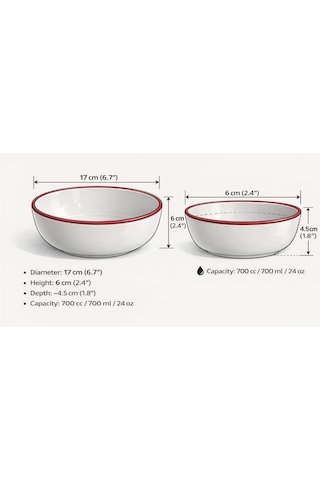 Porselen Kırmızı File Kenar Kase Salata, Çorba Ve Kahvaltılık Sunum Kasesi - 17 Cm 2'li Set Beyaz