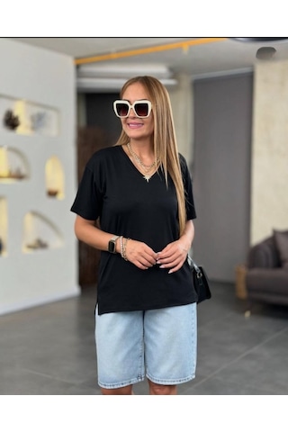 Simala Kadın Kısa Kollu V Yaka Bluz Siyah