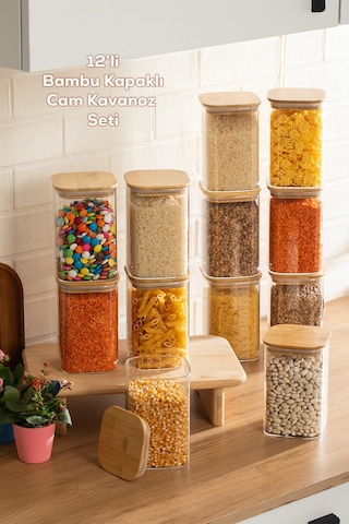 Porsima 6-4 Bambu Vakumlu Kapaklı Kare Borsilikat Cam 12li Kavanoz Seti Saklama Kabı 1250ml 9,5x15cm