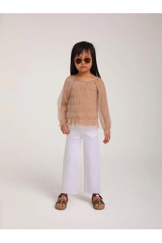 Kız Çocuk Parlak Tül Şık Bluz-14307 Vizon