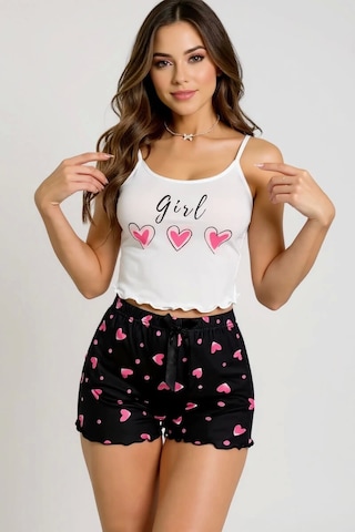 Kalp Desenli Askılı Şortlu Pijama Takımı Siyah