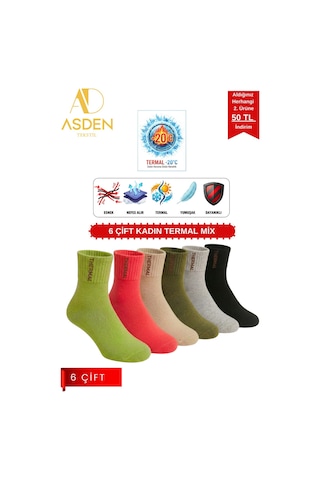 Asden Tekstil 6 Çift Kadın Termal Havlu Çorap - Kışlık Yumuşak - Premıum Pamuk - Burun Dikişsiz Beyaz Kadıntermal Yeşil Mix