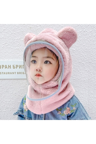 Ikkb Çocuk Rüzgar Geçirmez Maske Yaka Peluş Kulaklıklı Deri Pembe Ekru - Pembe